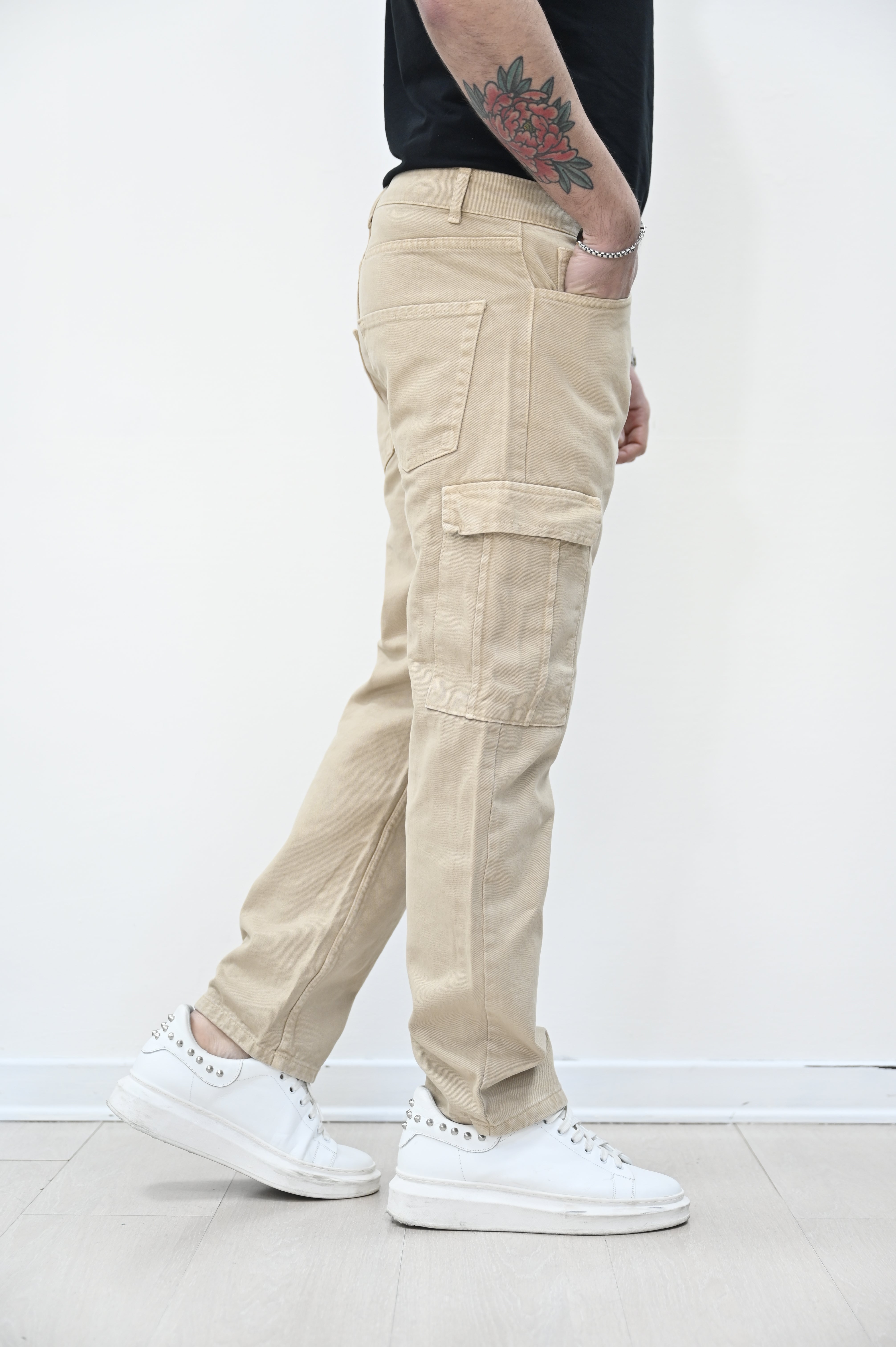 Jeans loose tasconato beige