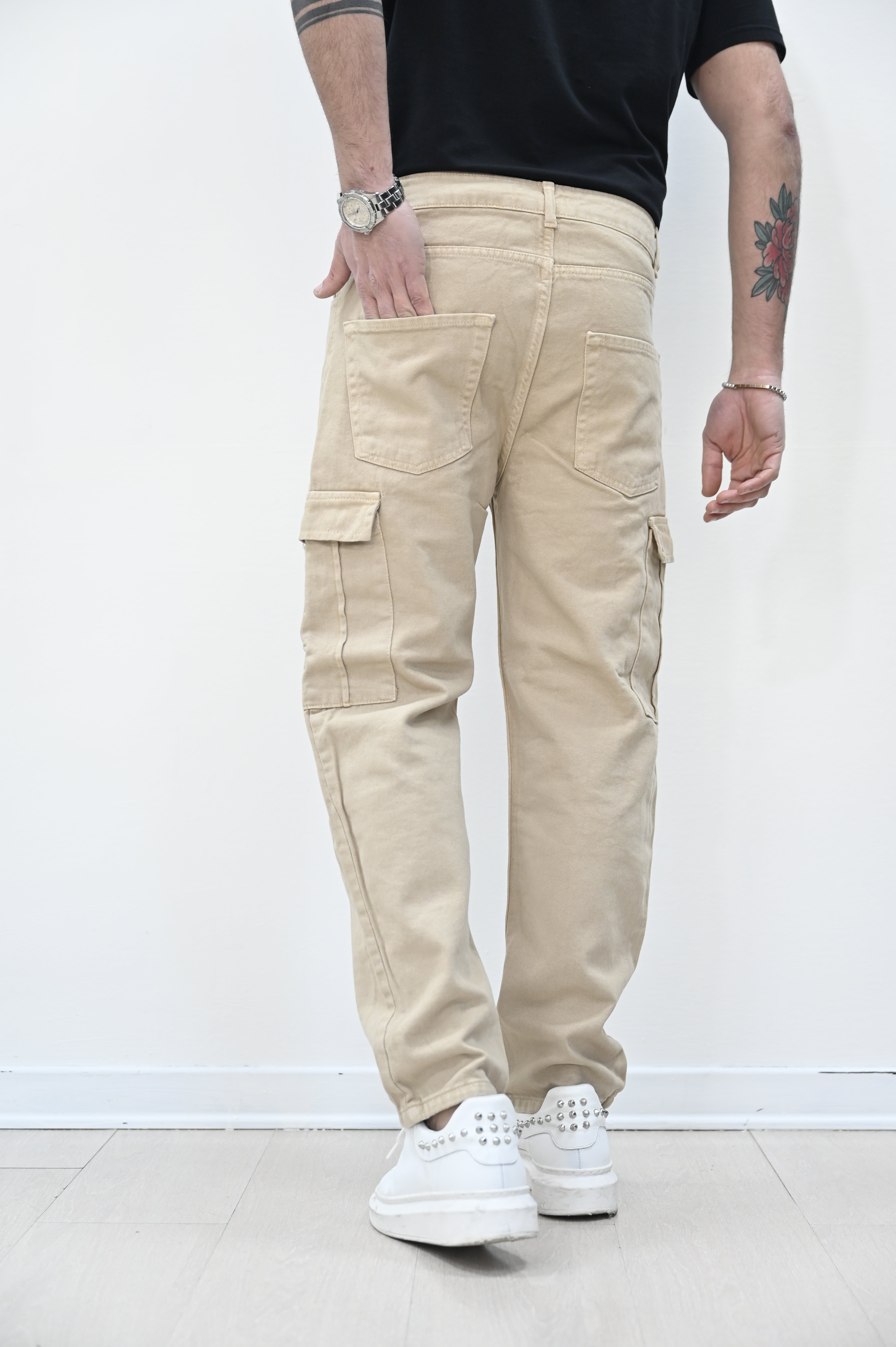 Jeans loose tasconato beige