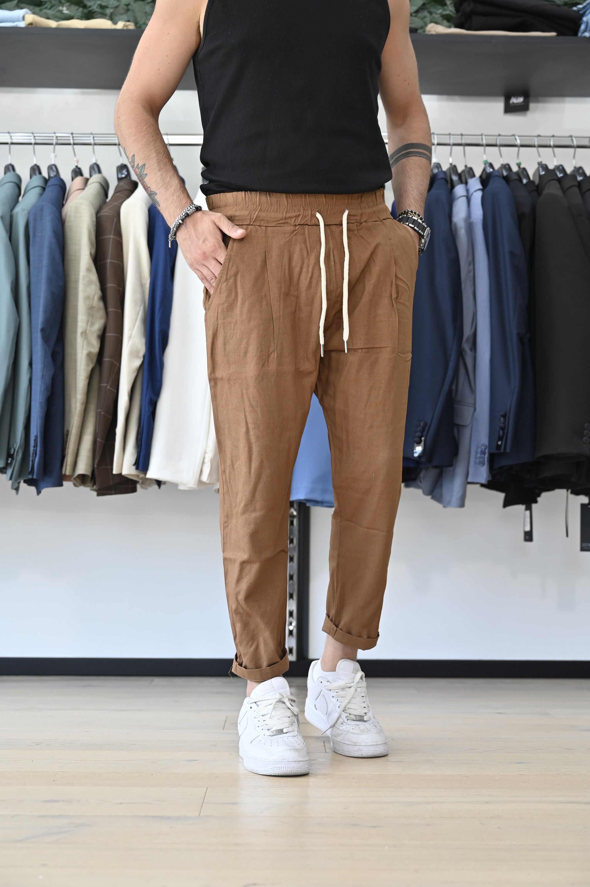 Pantalone lino tabacco