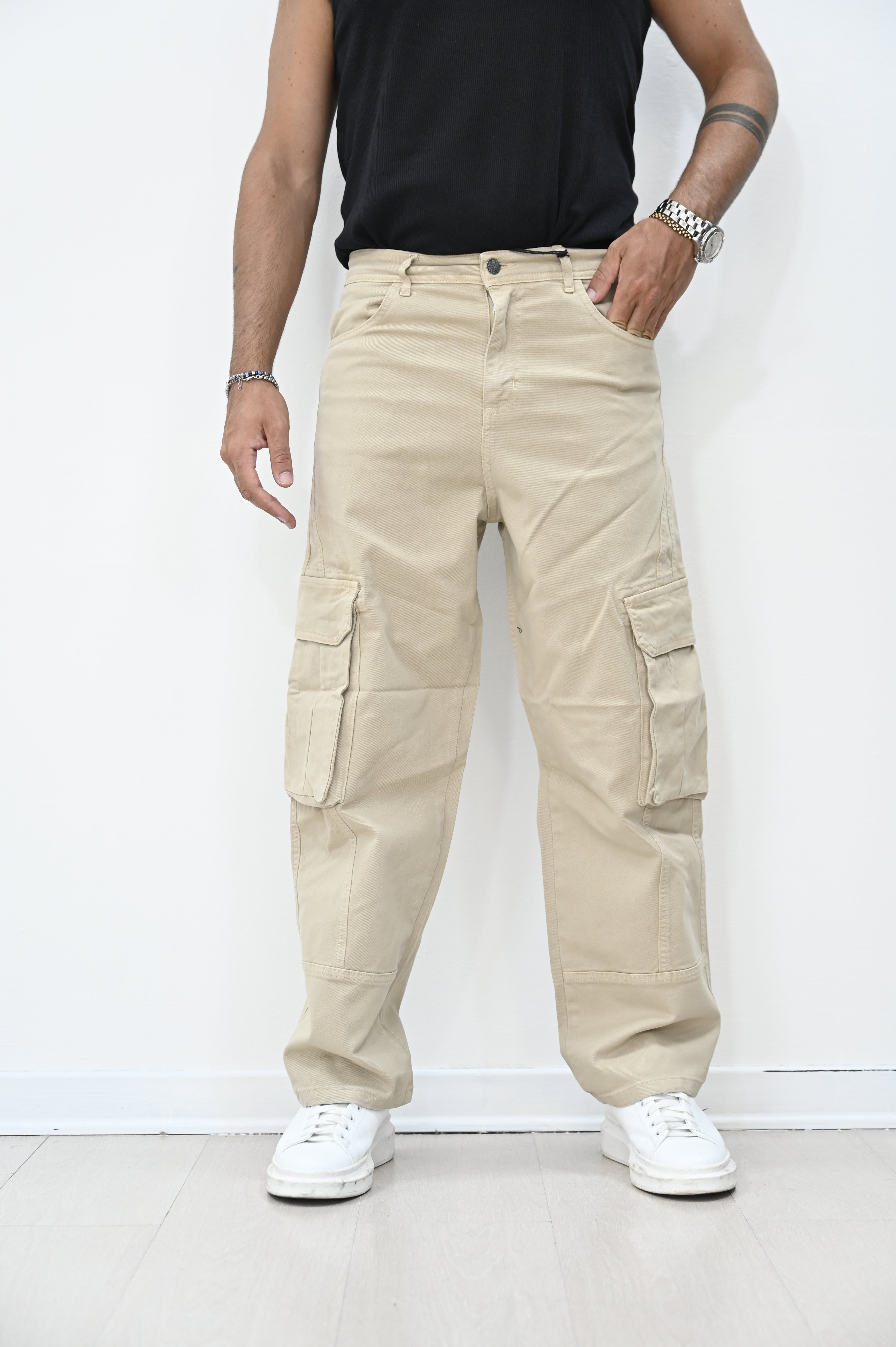 Jeans loose tasconato beige